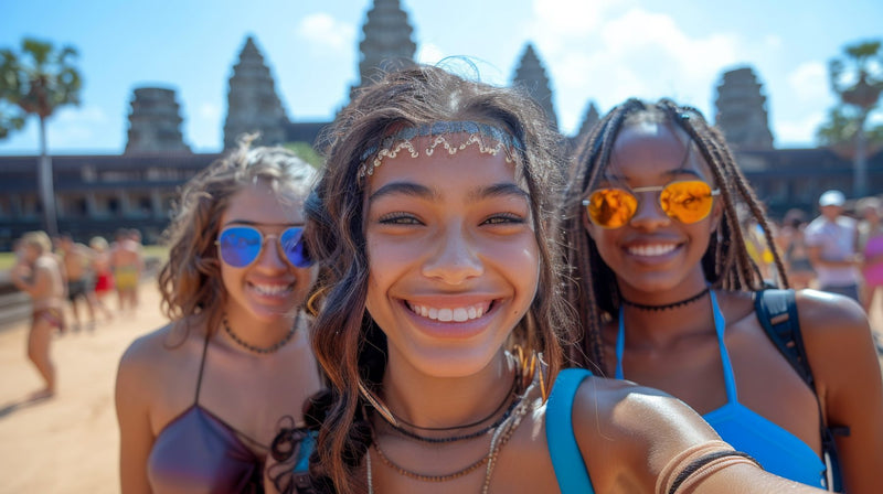 Friends smiling in front of Angkor Wat