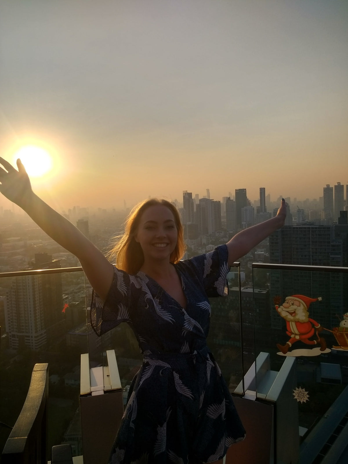 TEFL-certified digital nomad celebrating at sunset on a rooftop overlooking a city skyline abroad