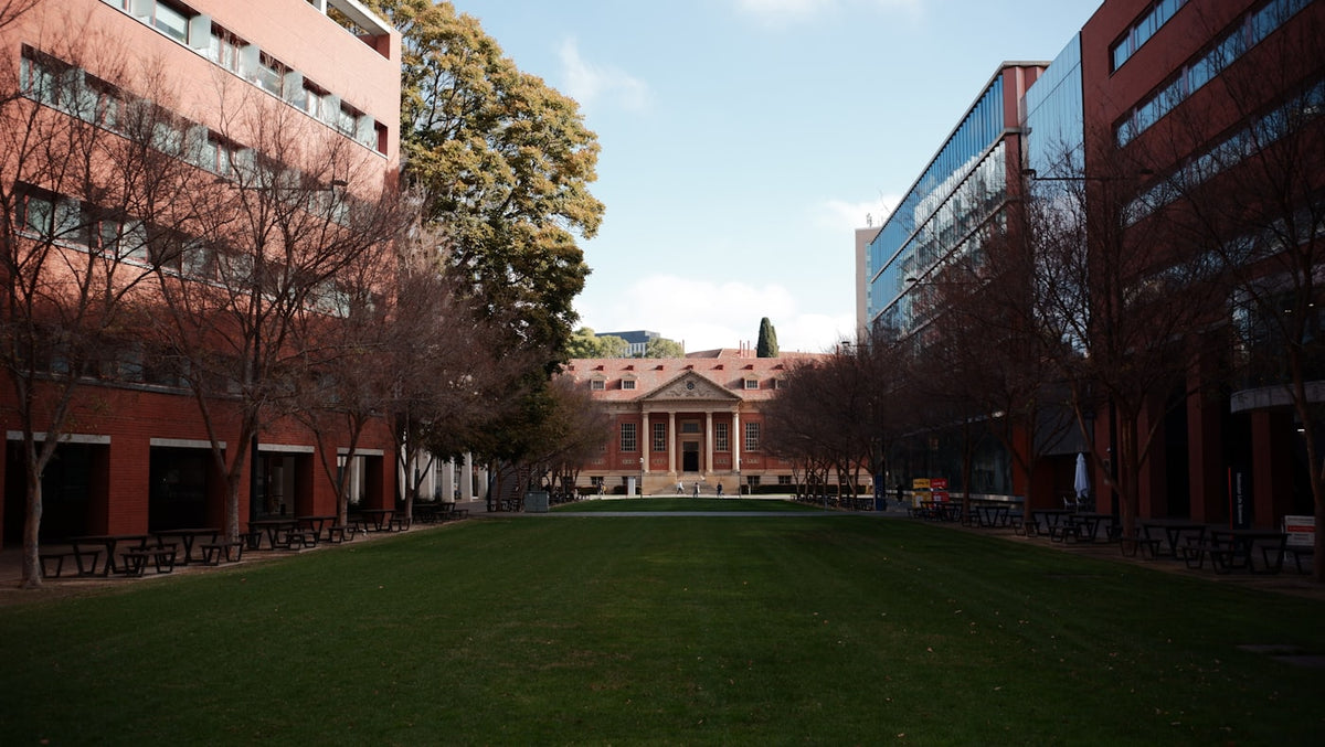 Grassy university quad surrounded by campus buildings, where a TESOL graduate certificate is studied as postgraduate credit