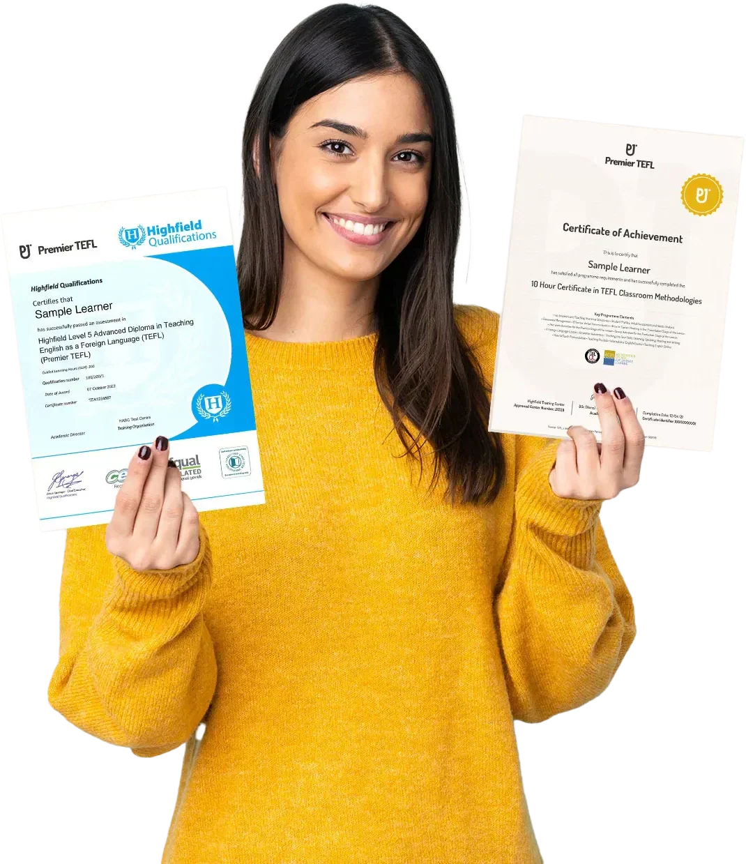 Lady Holding up Premier TEFL Certificates