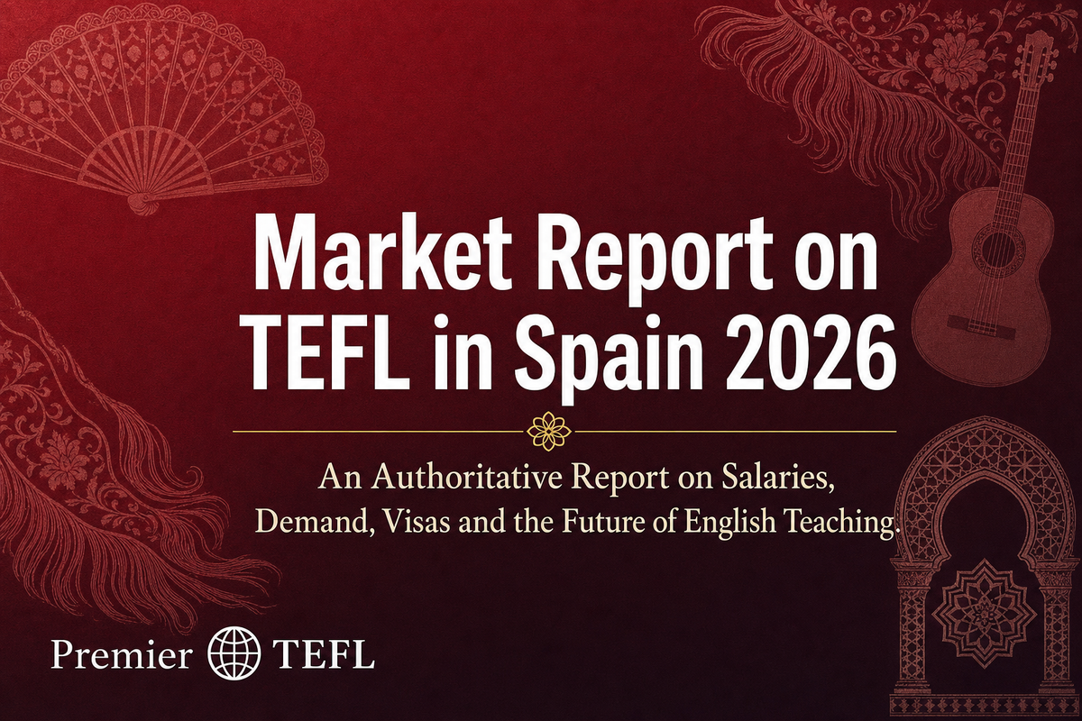 Cover of the Premier TEFL Market Report on TEFL in Spain 2026, covering salaries, demand and visas