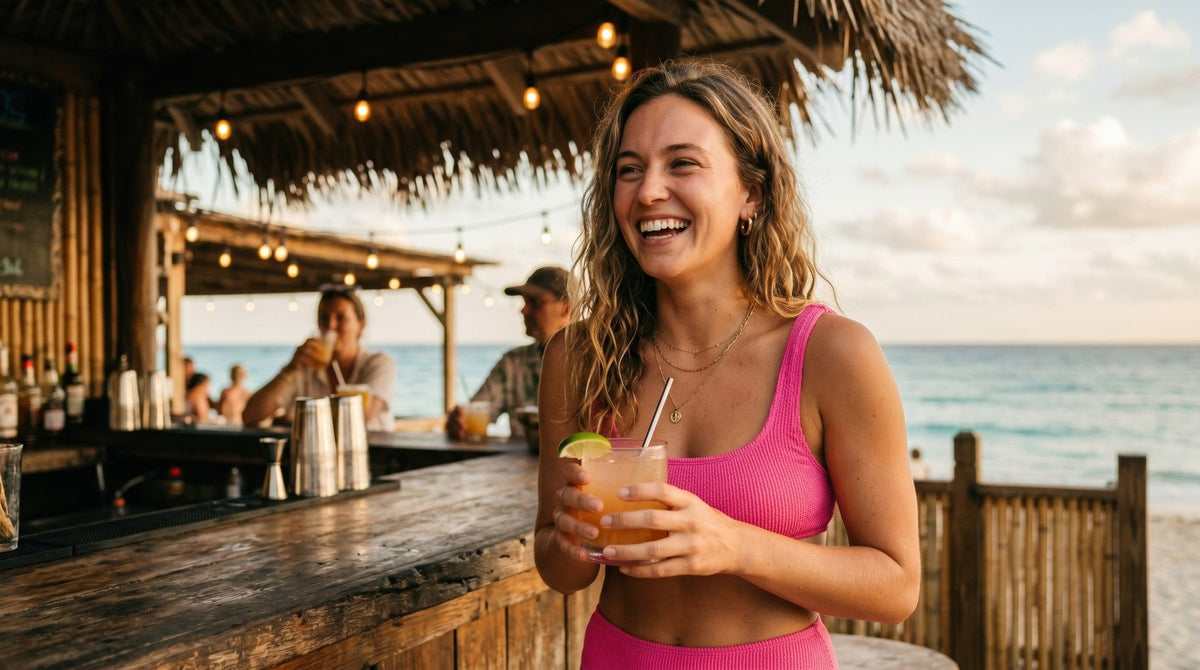 Woman in a pink top at a beach bar