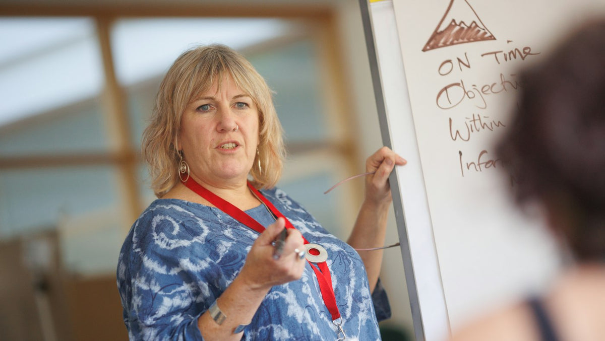 English teacher leading a private language school class beside a whiteboard in Portugal