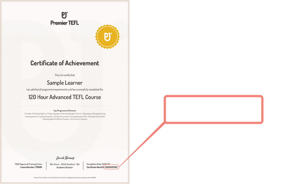 Example certificate showing where to find the unique identifier