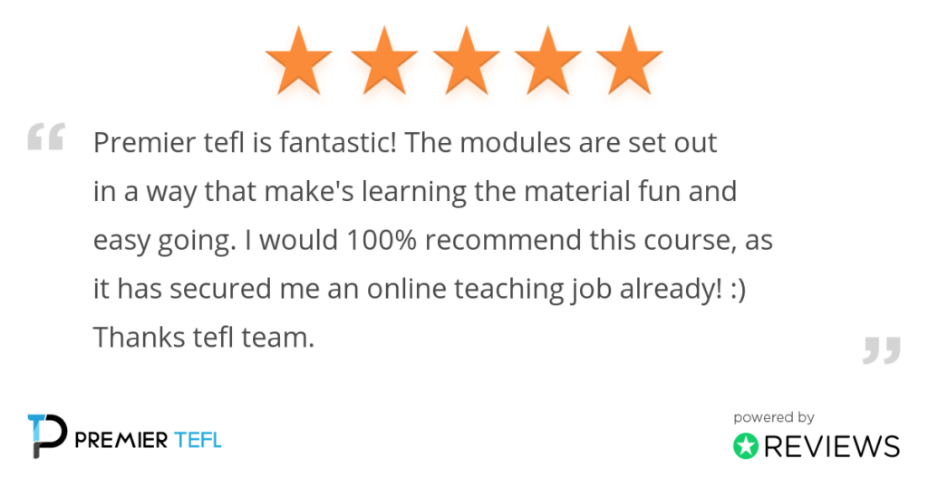 Victoria's 5 star review of Premier TEFL