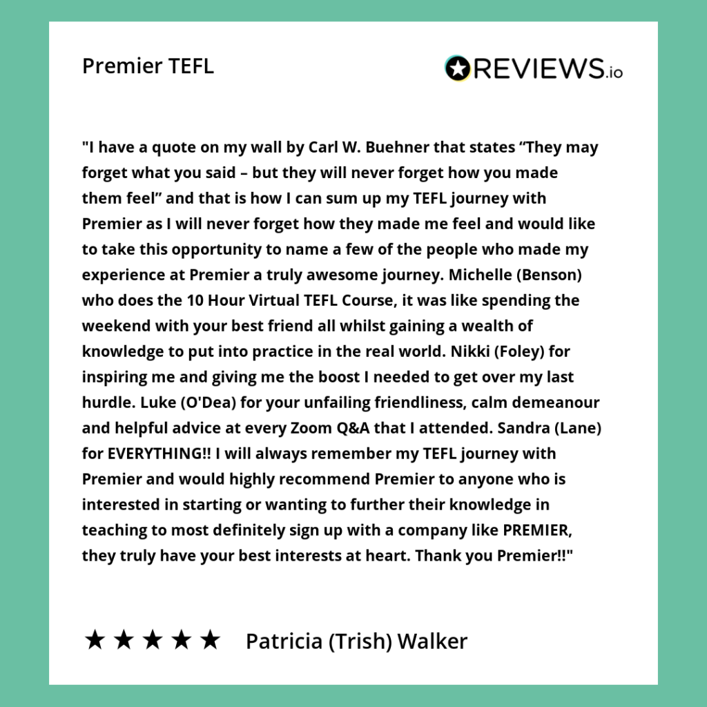 Patricia's review about Premier TEFL